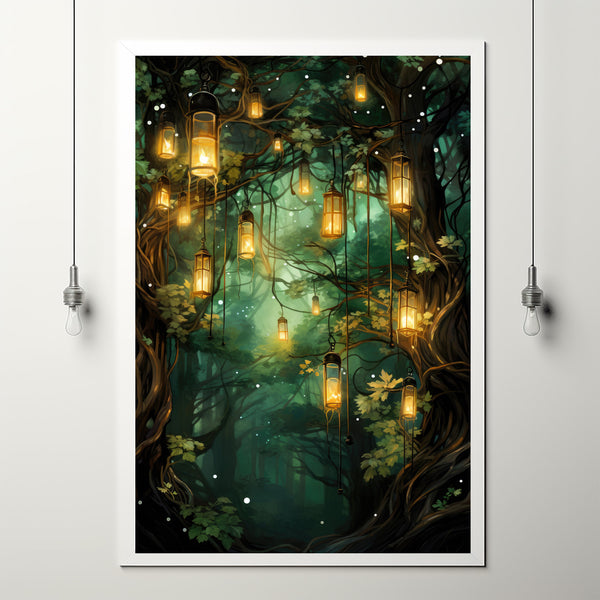 Spiritual Forest Wall Art Print - Enchanted Lanterns & Trees by the River Scene - Mystical Fantasy Painting - Tranquil Living Room Decor - Unique Gift Idea
