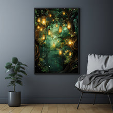 Spiritual Forest Wall Art Print - Enchanted Lanterns & Trees by the River Scene - Mystical Fantasy Painting - Tranquil Living Room Decor - Unique Gift Idea