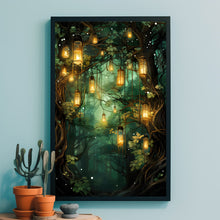 Spiritual Forest Wall Art Print - Enchanted Lanterns & Trees by the River Scene - Mystical Fantasy Painting - Tranquil Living Room Decor - Unique Gift Idea