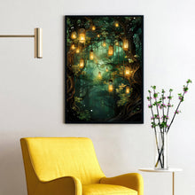 Spiritual Forest Wall Art Print - Enchanted Lanterns & Trees by the River Scene - Mystical Fantasy Painting - Tranquil Living Room Decor - Unique Gift Idea