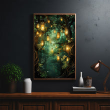 Spiritual Forest Wall Art Print - Enchanted Lanterns & Trees by the River Scene - Mystical Fantasy Painting - Tranquil Living Room Decor - Unique Gift Idea