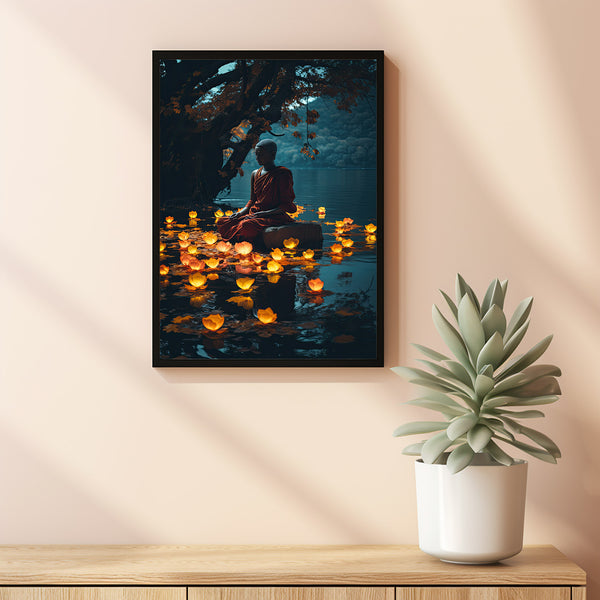 Spiritual Buddha Forest River Lantern Poster - Enchanting Magical Forest Wall Art, Serene Buddhist Decor for Peaceful Ambiance