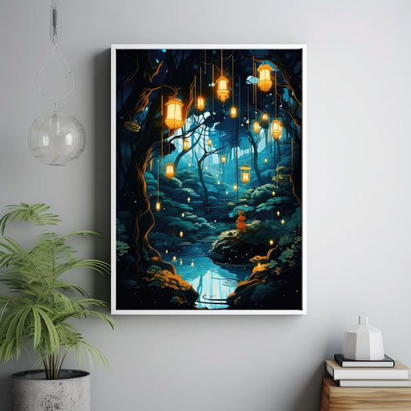 Magical Spiritual Lantern Forest Art Print - Enchanted Fairy Lights Poster, Mystical Forest Wall Art, Fantasy Lantern Painting Print