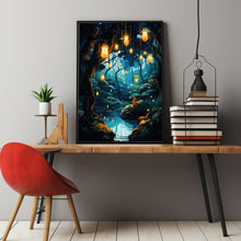 Magical Spiritual Lantern Forest Art Print - Enchanted Fairy Lights Poster, Mystical Forest Wall Art, Fantasy Lantern Painting Print