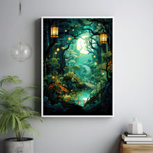 Magical Spiritual Lantern Forest Art Print - Enchanted Fairy Lights Poster, Mystical Forest Wall Art, Fantasy Lantern Painting Print