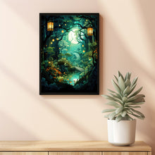 Magical Spiritual Lantern Forest Art Print - Enchanted Fairy Lights Poster, Mystical Forest Wall Art, Fantasy Lantern Painting Print