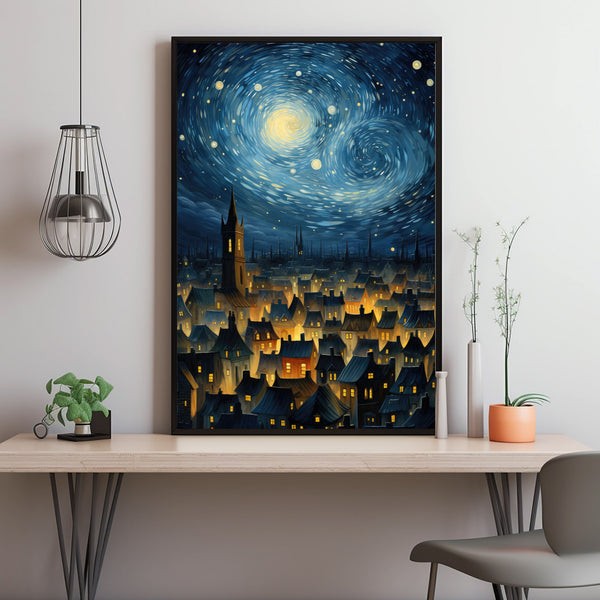 Starry Sky Town at Night Poster - Enchanting Nighttime Wall Art | Ideal Gift for Star Gazers and Night Sky Enthusiasts