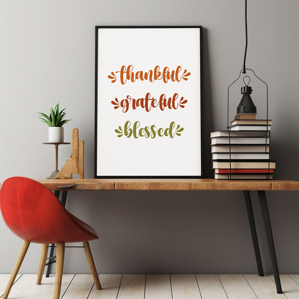 Thankful Grateful Blessed Minimalist Autumn Scripture Poster Wall Art, Christian Thanksgiving Decor, Modern Bible Quotes Typography Art