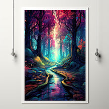 Spiritual Forest Wall Art Print with Enchanted Light - Mystic River and Trees Scene - Dreamlike Fantasy Painting - Ethereal Living Room Decor - Captivating Gift Idea