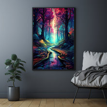 Spiritual Forest Wall Art Print with Enchanted Light - Mystic River and Trees Scene - Dreamlike Fantasy Painting - Ethereal Living Room Decor - Captivating Gift Idea