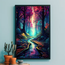 Spiritual Forest Wall Art Print with Enchanted Light - Mystic River and Trees Scene - Dreamlike Fantasy Painting - Ethereal Living Room Decor - Captivating Gift Idea