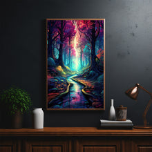 Spiritual Forest Wall Art Print with Enchanted Light - Mystic River and Trees Scene - Dreamlike Fantasy Painting - Ethereal Living Room Decor - Captivating Gift Idea