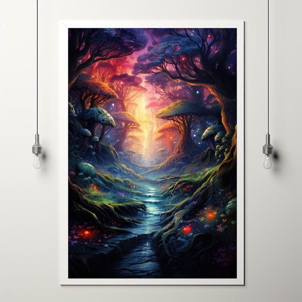 Spiritual Forest Wall Art Print with Enchanted Light - Mystic River and Trees Scene - Dreamlike Fantasy Painting - Ethereal Living Room Decor - Captivating Gift Idea