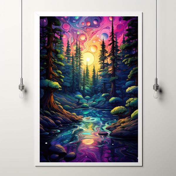 Spiritual Forest Wall Art Print with Enchanted Light - Mystic River and Trees Scene - Dreamlike Fantasy Painting - Ethereal Living Room Decor - Captivating Gift Idea