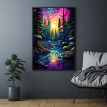 Spiritual Forest Wall Art Print with Enchanted Light - Mystic River and Trees Scene - Dreamlike Fantasy Painting - Ethereal Living Room Decor - Captivating Gift Idea