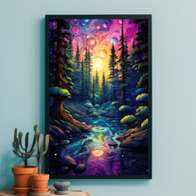 Spiritual Forest Wall Art Print with Enchanted Light - Mystic River and Trees Scene - Dreamlike Fantasy Painting - Ethereal Living Room Decor - Captivating Gift Idea