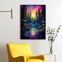 Spiritual Forest Wall Art Print with Enchanted Light - Mystic River and Trees Scene - Dreamlike Fantasy Painting - Ethereal Living Room Decor - Captivating Gift Idea