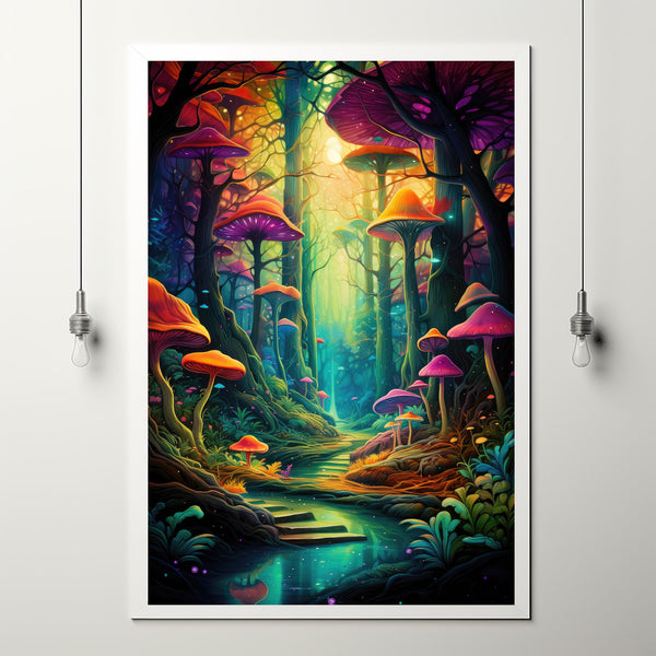 Spiritual Forest Wall Art Print: Enchanted Light & Mystic River - Whimsical Mushroom and Tree Scene - Surreal Fantasy Painting - Ethereal Decor for Home - Unique Gift Idea