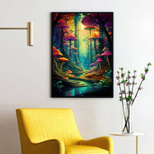 Spiritual Forest Wall Art Print: Enchanted Light & Mystic River - Whimsical Mushroom and Tree Scene - Surreal Fantasy Painting - Ethereal Decor for Home - Unique Gift Idea