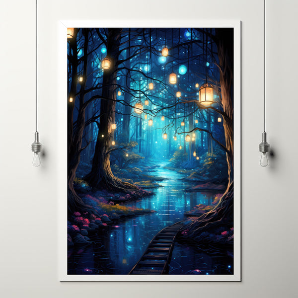 Enchanted Forest Lights and Lanterns by the River Poster - Mystical Landscape Art Print for Tranquil Home Decor