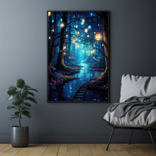 Enchanted Forest Lights and Lanterns by the River Poster - Mystical Landscape Art Print for Tranquil Home Decor