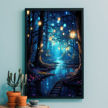 Enchanted Forest Lights and Lanterns by the River Poster - Mystical Landscape Art Print for Tranquil Home Decor