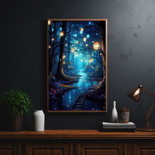 Enchanted Forest Lights and Lanterns by the River Poster - Mystical Landscape Art Print for Tranquil Home Decor