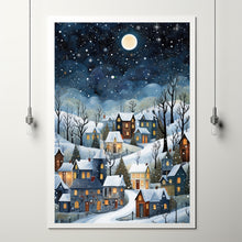 Winter Village Under Full Moon Poster - Snowy Christmas Scene Art Print, Contemporary Holiday Home Decor