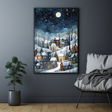 Winter Village Under Full Moon Poster - Snowy Christmas Scene Art Print, Contemporary Holiday Home Decor