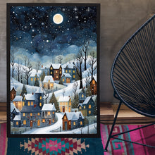 Winter Village Under Full Moon Poster - Snowy Christmas Scene Art Print, Contemporary Holiday Home Decor