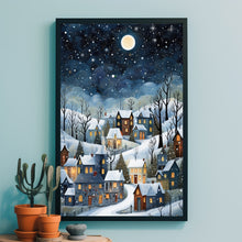 Winter Village Under Full Moon Poster - Snowy Christmas Scene Art Print, Contemporary Holiday Home Decor