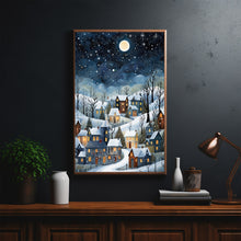 Winter Village Under Full Moon Poster - Snowy Christmas Scene Art Print, Contemporary Holiday Home Decor