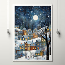 Winter Village Under Full Moon Poster - Snowy Christmas Scene Art Print, Contemporary Holiday Home Decor