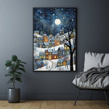 Winter Village Under Full Moon Poster - Snowy Christmas Scene Art Print, Contemporary Holiday Home Decor