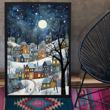 Winter Village Under Full Moon Poster - Snowy Christmas Scene Art Print, Contemporary Holiday Home Decor