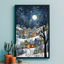 Winter Village Under Full Moon Poster - Snowy Christmas Scene Art Print, Contemporary Holiday Home Decor