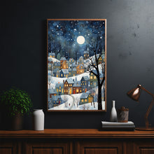 Winter Village Under Full Moon Poster - Snowy Christmas Scene Art Print, Contemporary Holiday Home Decor