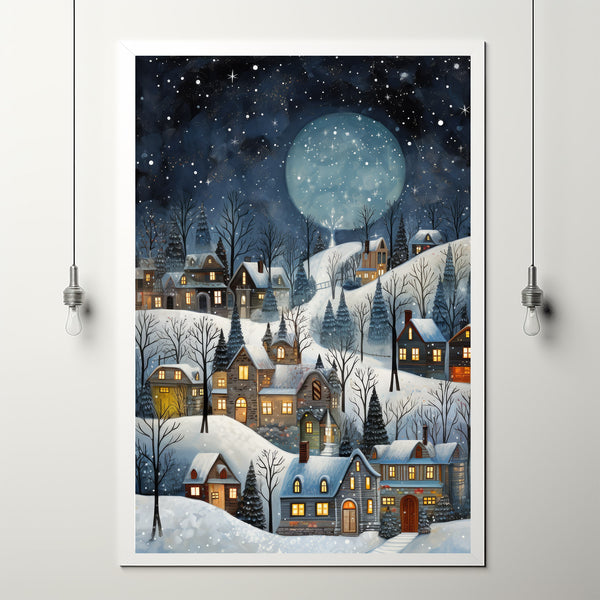 Winter Village Under Full Moon Poster - Snowy Christmas Scene Art Print, Contemporary Holiday Home Decor