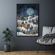 Winter Village Under Full Moon Poster - Snowy Christmas Scene Art Print, Contemporary Holiday Home Decor