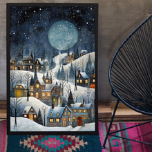 Winter Village Under Full Moon Poster - Snowy Christmas Scene Art Print, Contemporary Holiday Home Decor