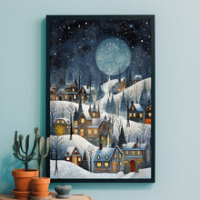 Winter Village Under Full Moon Poster - Snowy Christmas Scene Art Print, Contemporary Holiday Home Decor