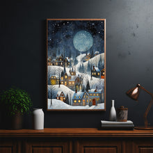 Winter Village Under Full Moon Poster - Snowy Christmas Scene Art Print, Contemporary Holiday Home Decor