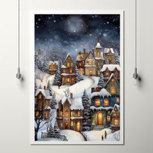 Winter Village Under Full Moon Poster - Snowy Christmas Scene Art Print, Contemporary Holiday Home Decor