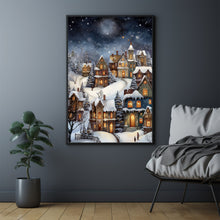 Winter Village Under Full Moon Poster - Snowy Christmas Scene Art Print, Contemporary Holiday Home Decor