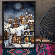 Winter Village Under Full Moon Poster - Snowy Christmas Scene Art Print, Contemporary Holiday Home Decor