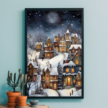 Winter Village Under Full Moon Poster - Snowy Christmas Scene Art Print, Contemporary Holiday Home Decor