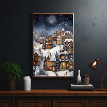 Winter Village Under Full Moon Poster - Snowy Christmas Scene Art Print, Contemporary Holiday Home Decor