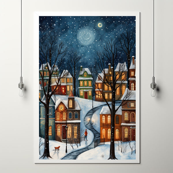 Winter Village Under Full Moon Poster - Snowy Christmas Scene Art Print, Contemporary Holiday Home Decor