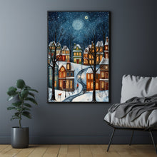 Winter Village Under Full Moon Poster - Snowy Christmas Scene Art Print, Contemporary Holiday Home Decor