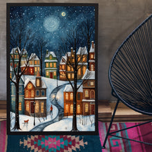 Winter Village Under Full Moon Poster - Snowy Christmas Scene Art Print, Contemporary Holiday Home Decor